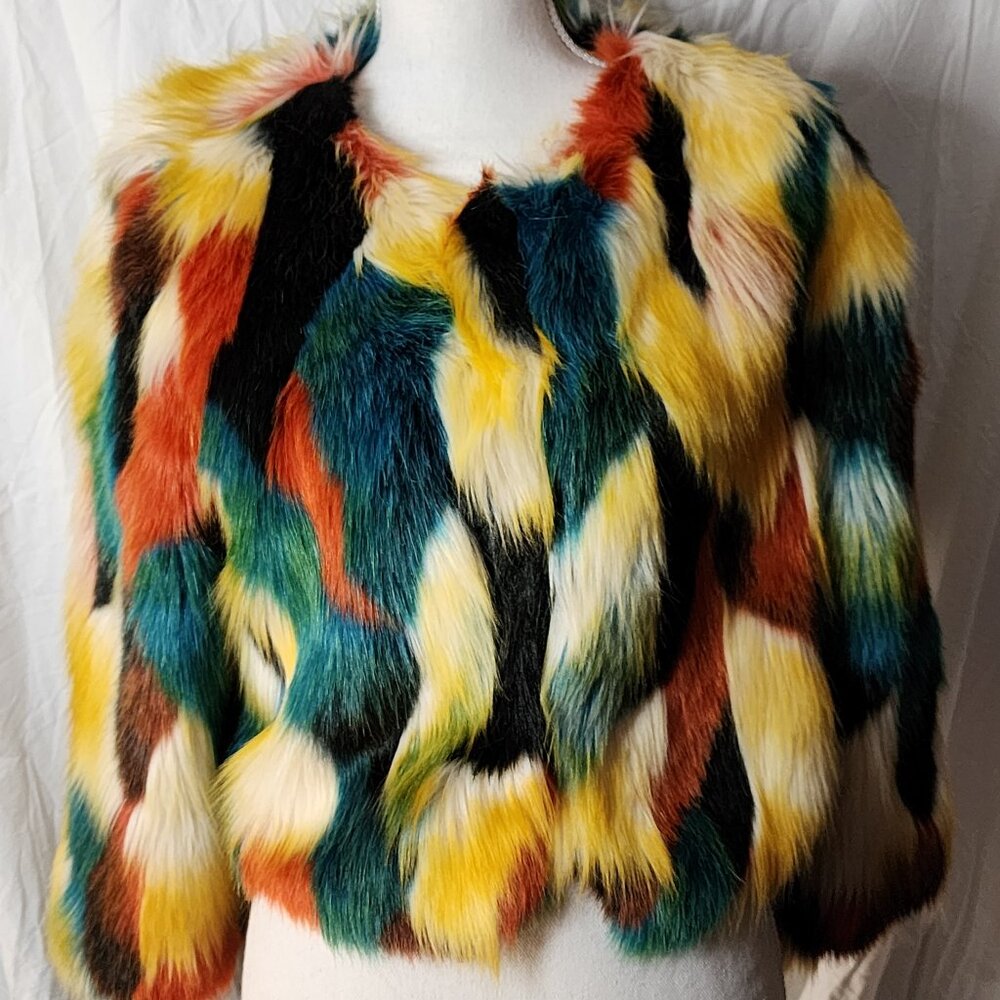 RARE Glamorous Multi-Color Shaggy Faux Fur "Monster" Statement Coat